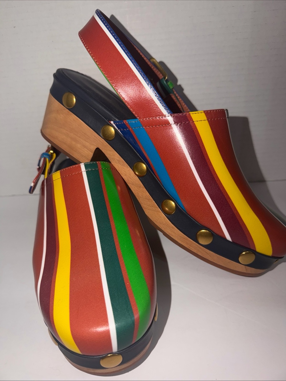 Charlotte Stone Jona Kite Stripe MultiColor Wood Platform Slingback Clog Size 12 - Picture 3 of 10